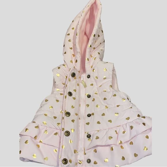 Little Me Pink & Gold Hearts Puffer Hoodie Vest Size 12 Months - Picture 4 of 9